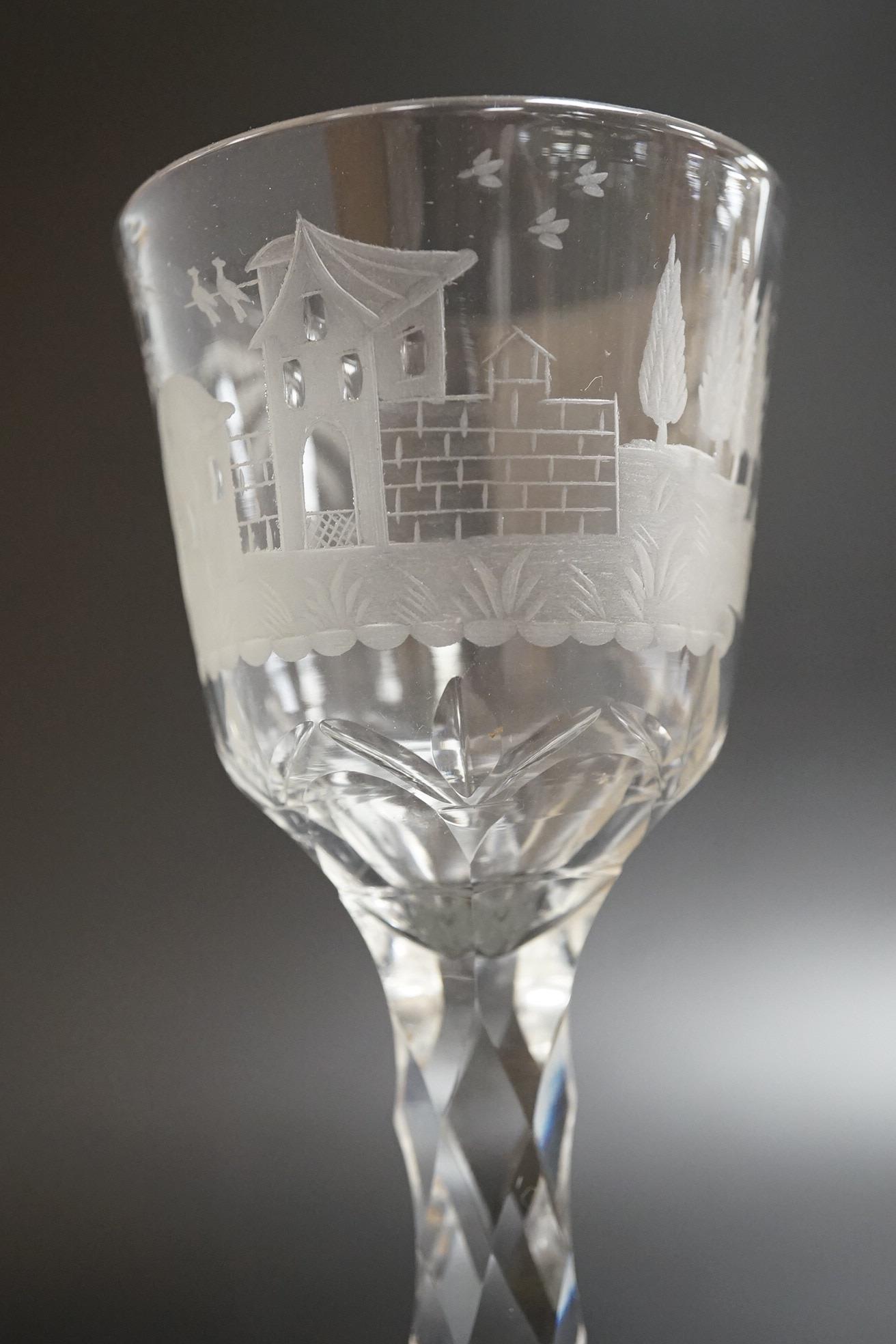 Two faceted wine glasses, c.1780, both with engraved bowls, tallest 15.5cm